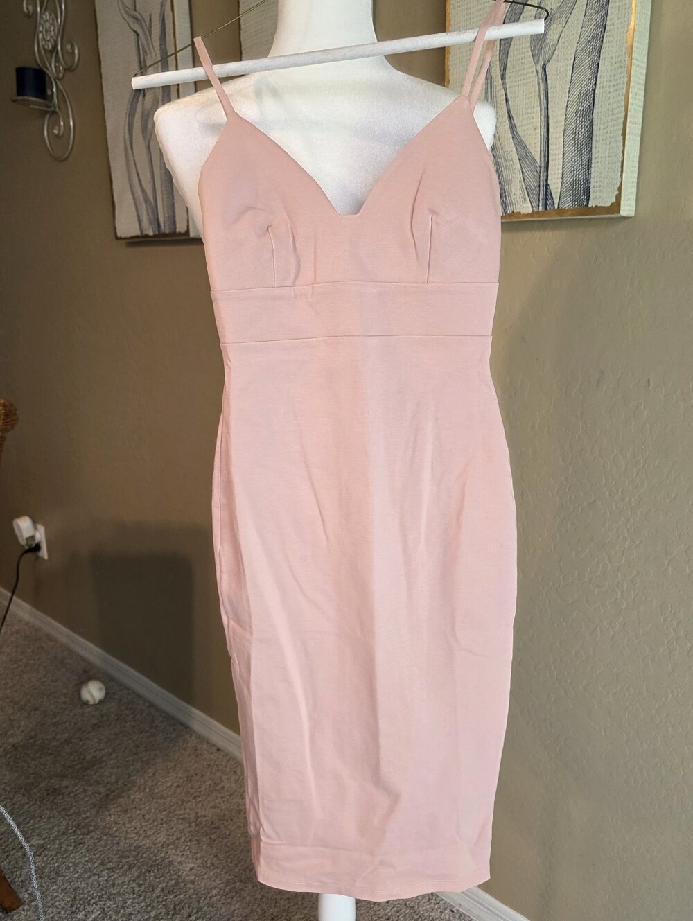 Lulus Blush Pink Bodycon Midi Dress XS Stretch Spaghetti Strap